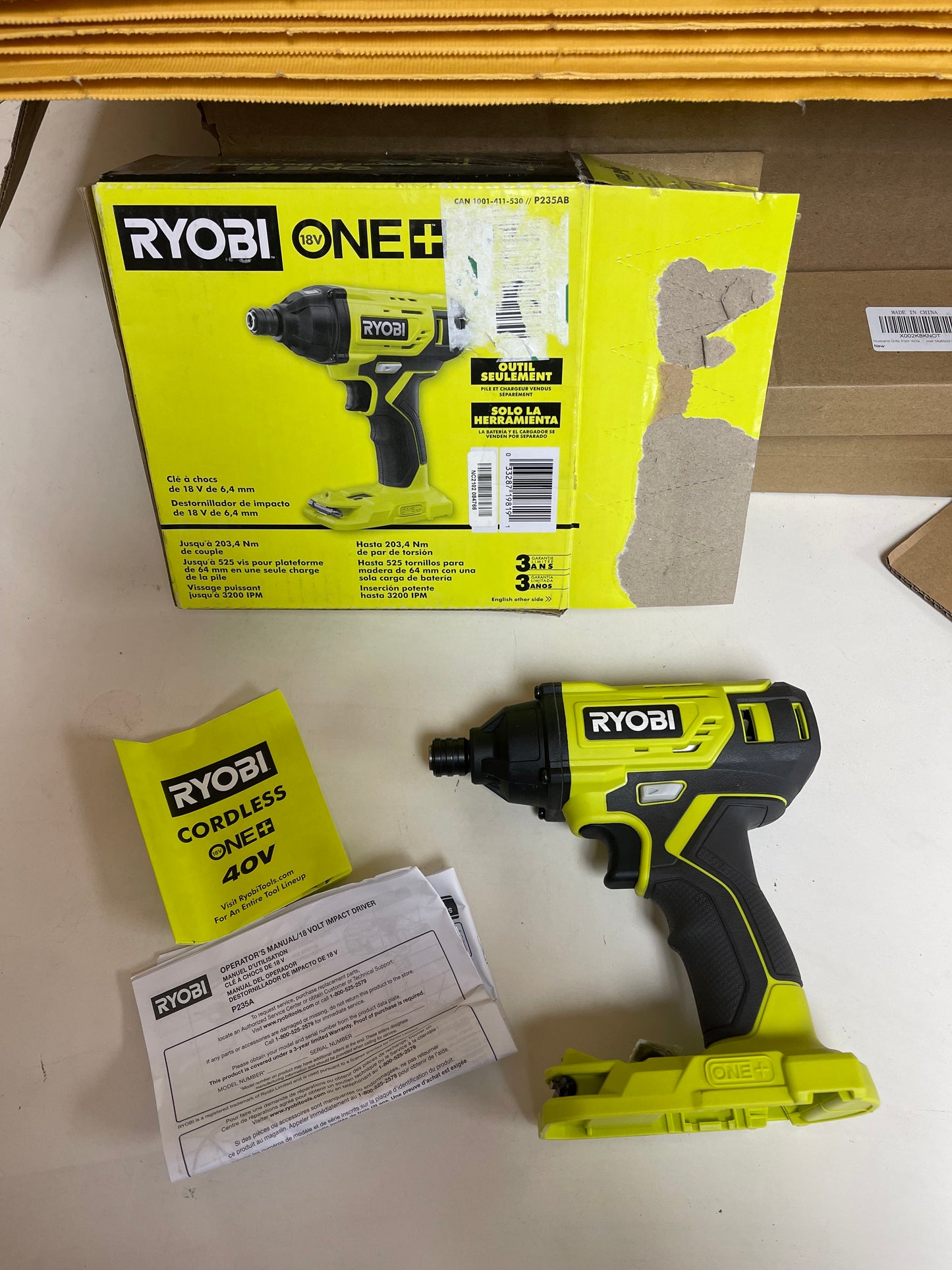 Ryobi One Plus Cordless 1/4in Impact Driver (Tool Only) Damaged Box