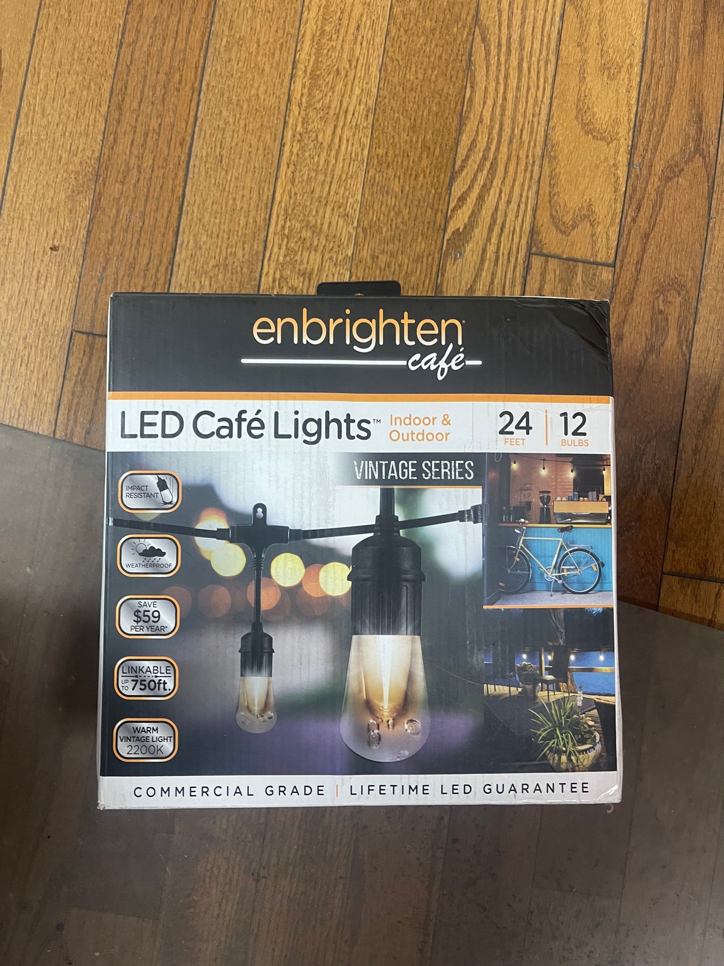 Enbrighten 12 Bulb 24 ft. Outdoor/Indoor Black Vintage LED String Lights, Acrylic Edison Bulbs Damaged Box