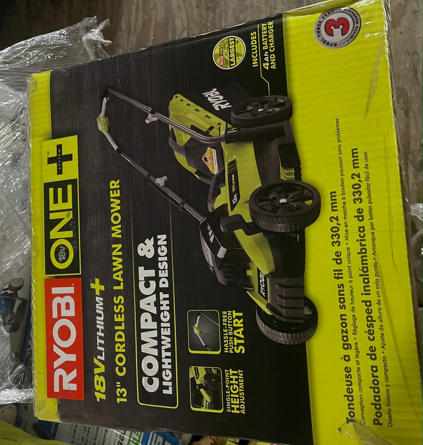 Ryobi 13 in. ONE+ 18V Lithium-Ion Cordless Battery Walk Behind Push Lawn Mower - 4.0 Ah Battery/Charger Included Damaged Box