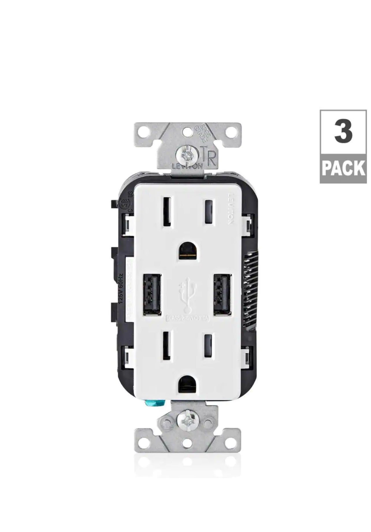 Leviton 15 Amp Decora Combination Tamper Resistant Duplex Outlet and USB Charger, White (3-Pack) Damaged Box