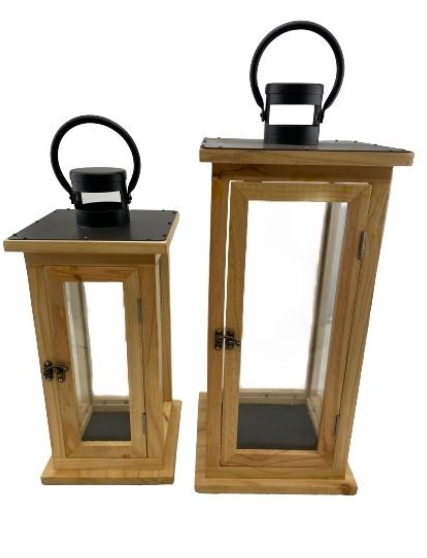 Oak Square with Natural Pine Wood Finish and Metal Top Candle Lantern Set of 2