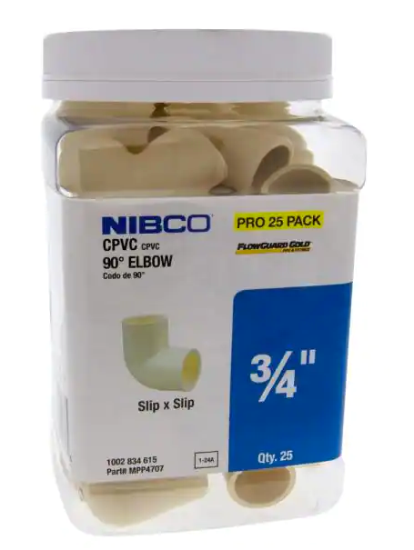 Nibco 3/4 in CPVC-CTS 90 Degree Slip x Slip Elbow Fitting Pro Pack 25-Pack Damaged Box