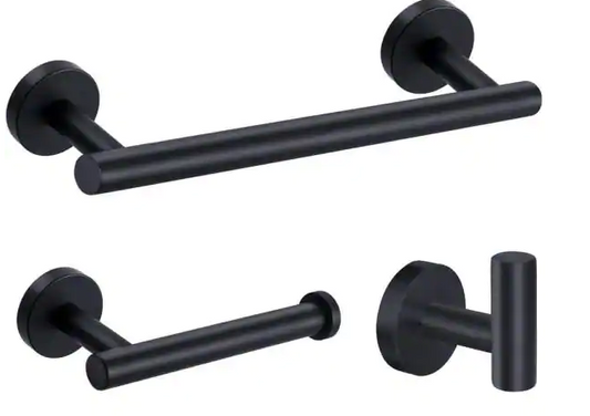 Ruiling Porter 3 Piece Bath Hardware Set with Towel Hook and Toilet Paper Holder and 12 inch Towel Bar in Stainless Steel Black 294 Damaged Box