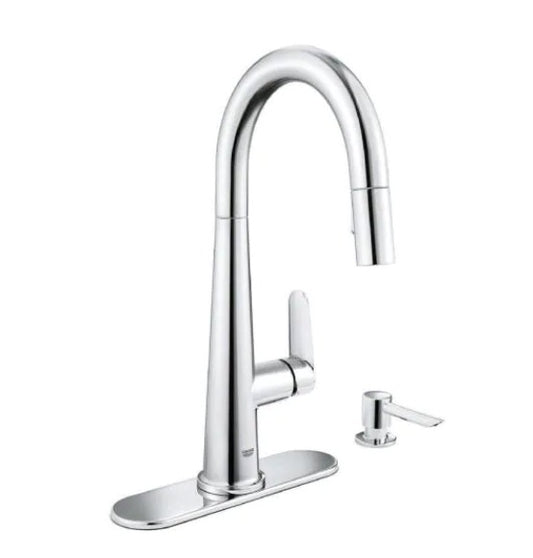Grohe Veletto Single Handle Pull Down Sprayer Kitchen Faucet with Soap Dispenser in StarLight Chrome Damaged Box