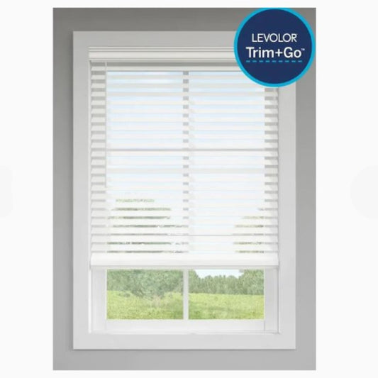 Levolor Trim Go 2 5inch Slat Width 23inch x 64inch Cordless White Faux Wood Blinds Damaged Box