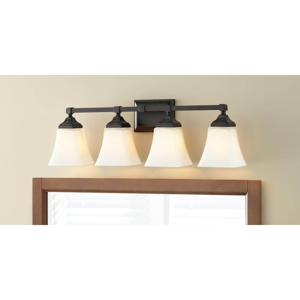 Delancy 4-Light Distressed Bronze Sconce with White Frosted Glass Shades Damaged box-vanity lights-Tool Mart Inc.