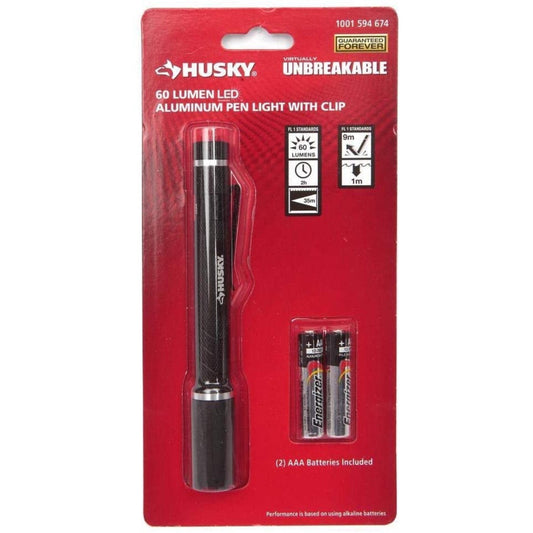 Husky 80-Lumen Virtually Unbreakable  Aluminum Pen Light with Clip w/Batteries
