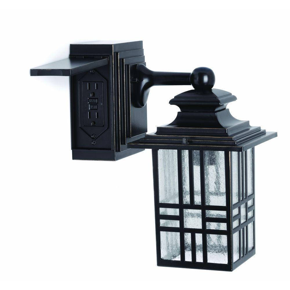 Mission Style Black with Bronze Highlight Outdoor Wall Lantern with Built-In Electrical Outlet (GFCI) Damaged Box-Lighting-Tool Mart Inc.