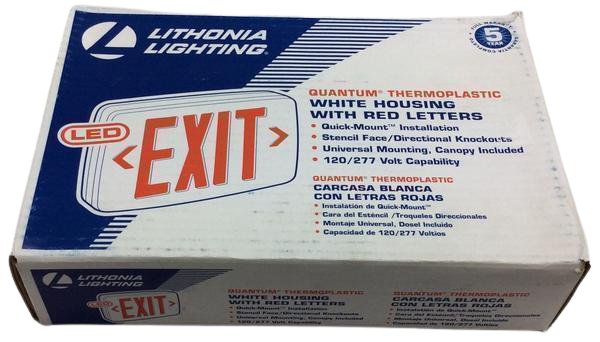 Quantum Thermoplastic White Integrated LED Emergency Exit Sign with Stencil Faced Housing and Red Letters Damaged Box