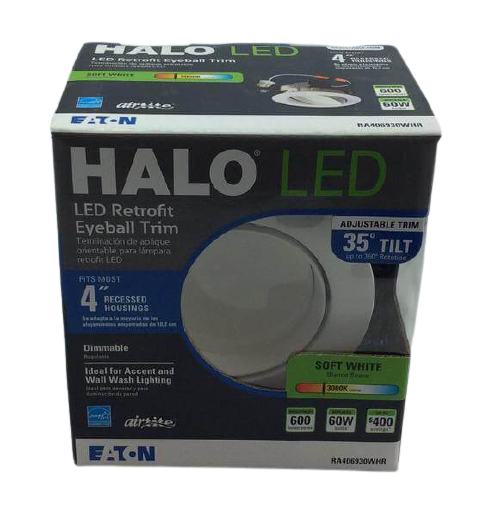 Halo RA four inch white integrated LED HALO recessed ceiling light fixture adjustable gimbal retrofit trim Damaged box