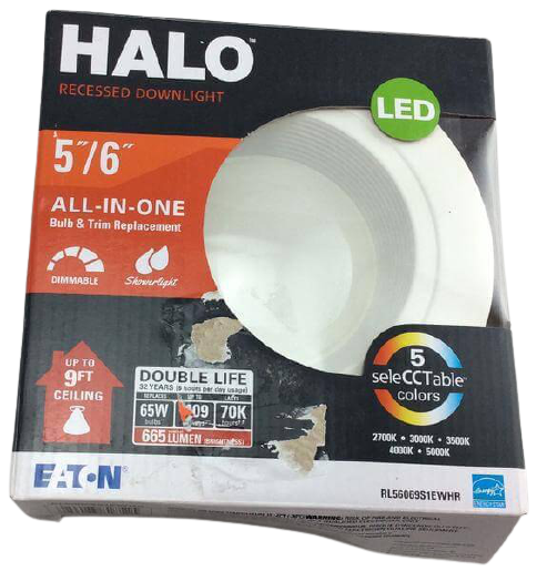 Halo RL 5 Inch and 6 Inch White Integrated LED Recessed Ceiling Light Trim at Selectable CCT 2700K 5000 665 Lumens Damaged Box